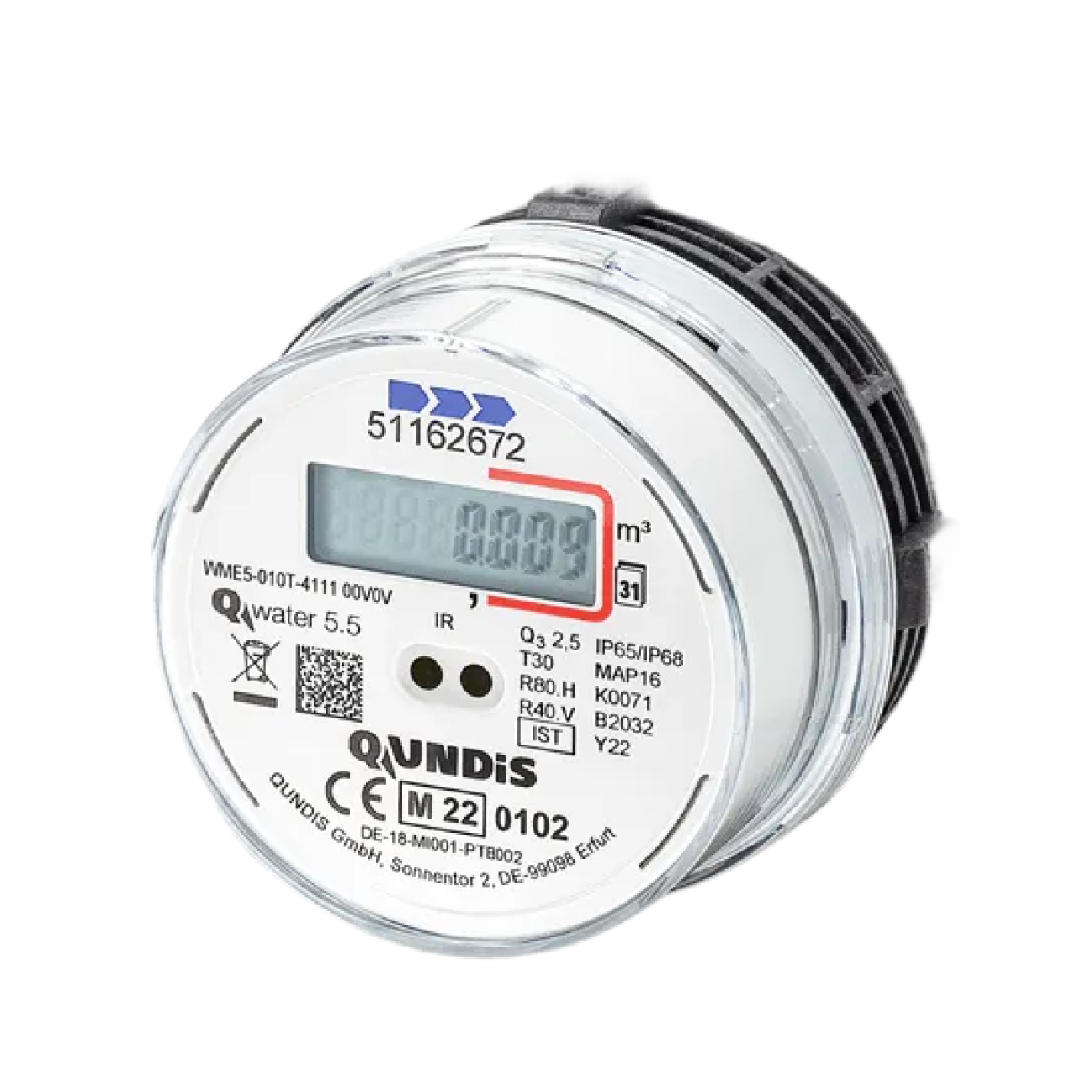Qundis Q water 5.5 - Elektronischer Messkapsel-Wasserzähler mit Funkauslesung - Anschluss-Schnittstelle TE1 / Techem (Q3 2.5 m³/h, M62x2) - Kaltwasserzähler